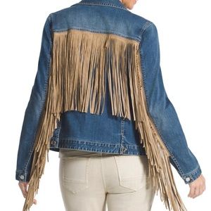 Chico’s Fringed Denim Jacket Woodstock Hippie Faux-Suede Fringe sz 2